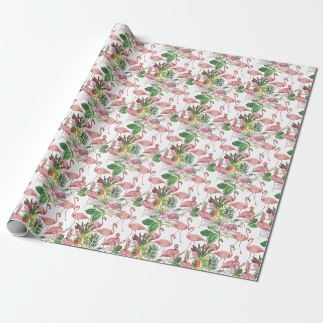 Flamingo Tropical Leaves Watercolor Pattern Wrapping Paper (Unrolled)