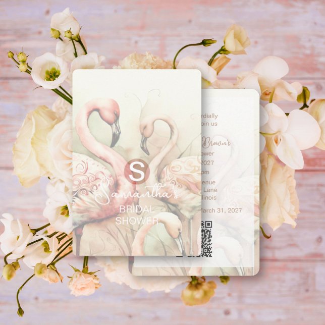 Flamingo Tropical Monogram Bridal Shower QR Code Invitation (Creator Uploaded)