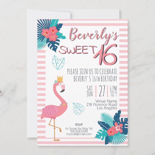 Flamingo tropical pink and blue floral 16th invitation (Front)