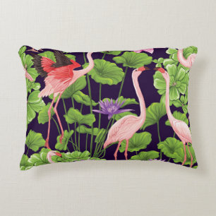 Flamingo, tropical plants, black background. decorative cushion