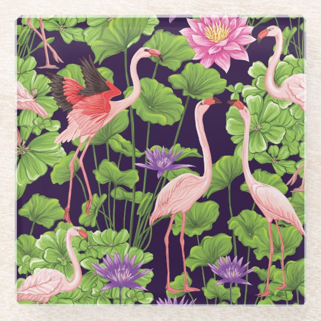 Flamingo, tropical plants, black background. glass coaster (Front)