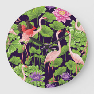 Flamingo, tropical plants, black background. large clock