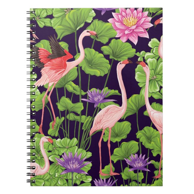 Flamingo, tropical plants, black background. notebook (Front)