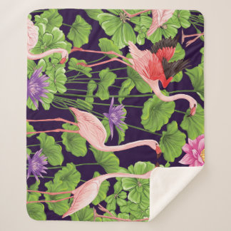 Flamingo, tropical plants, black background. sherpa blanket