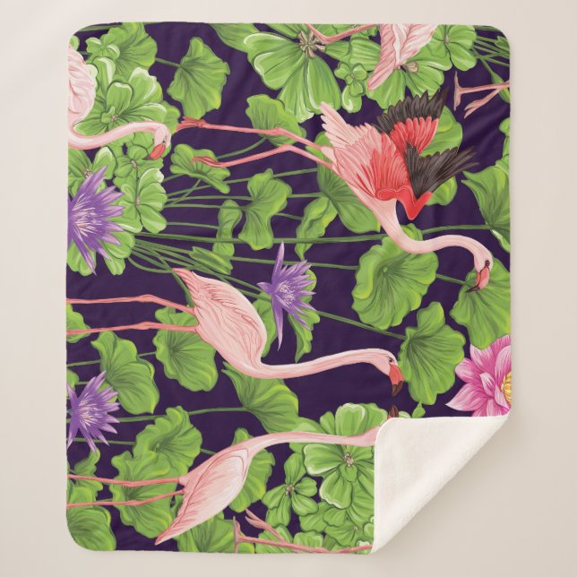 Flamingo, tropical plants, black background. sherpa blanket (Front)