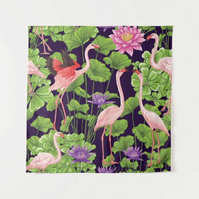 Flamingo, tropical plants, black background. tapestry (Front)