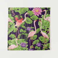 Flamingo, tropical plants, black background.
