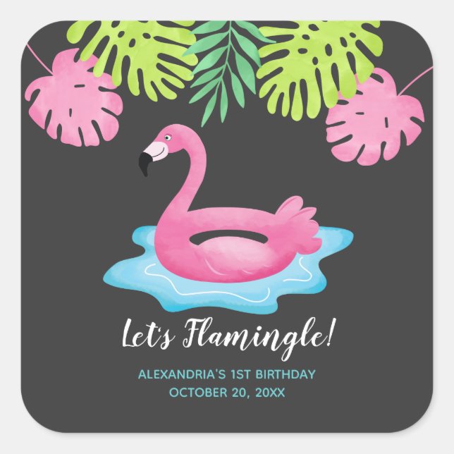 Flamingo Tropical Pool Party Favour Sticker (Front)
