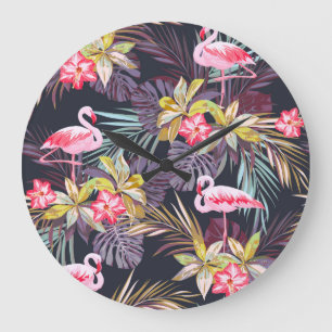 Flamingo Tropical: Summer Seamless Pattern Large Clock