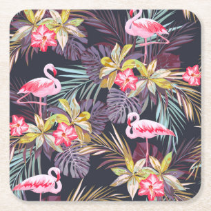 Flamingo Tropical: Summer Seamless Pattern Square Paper Coaster