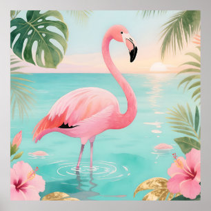 Flamingo Tropical Sunset Watercolor Poster