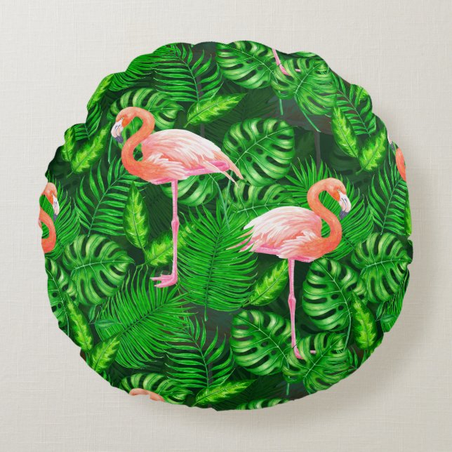 Flamingo tropical watercolor round cushion (Front)