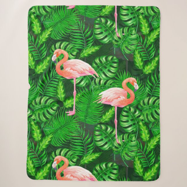 Flamingo tropical watercolor sherpa blanket (Front)