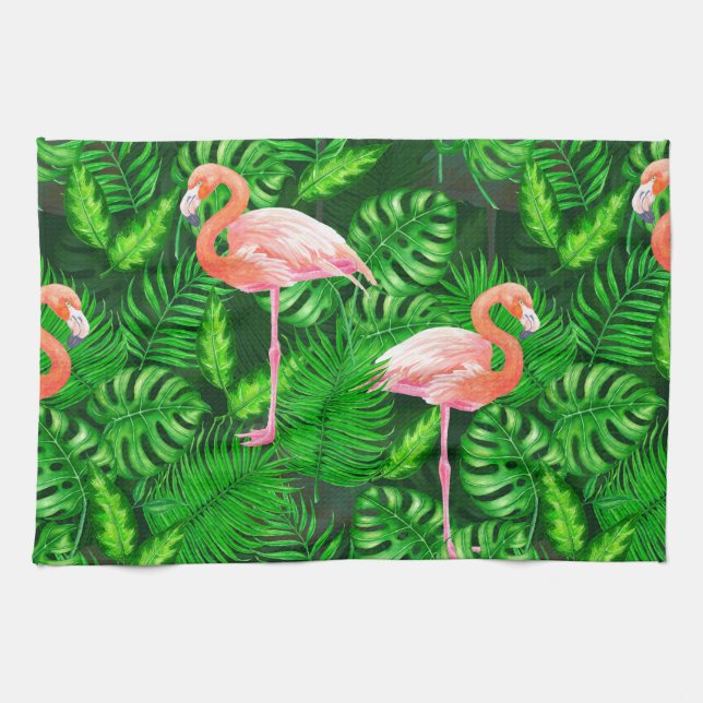 Flamingo tropical watercolor tea towel (Horizontal)