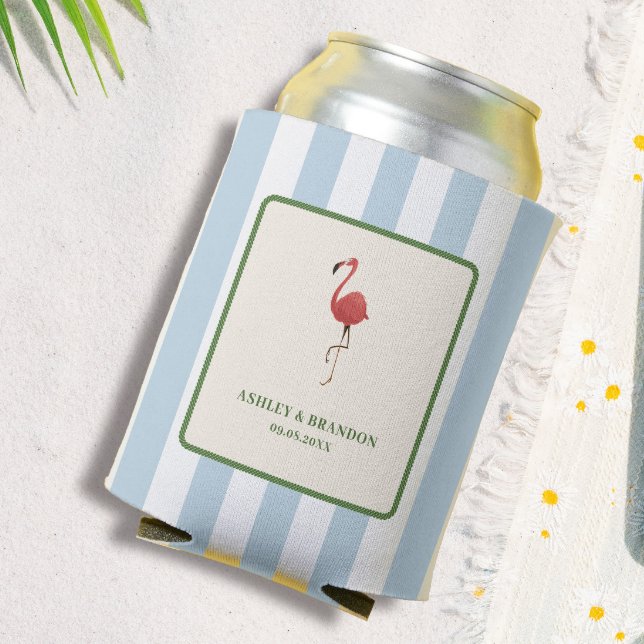 Flamingo Tropics Beach Coastal Retro Wedding Can Cooler (Creator Uploaded)