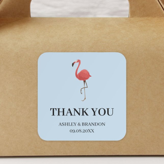 Flamingo Tropics Blue and Pink Wedding Thank You Square Sticker (Creator Uploaded)