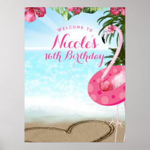 Flamingo Tropics Hibiscus Pink Chic Party Banner Poster