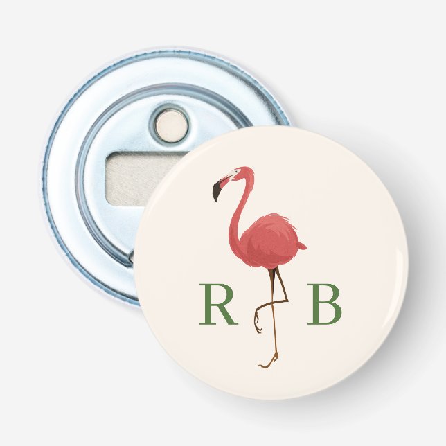 Flamingo Tropics Wedding Favour, Monogram Bottle Opener (Front)