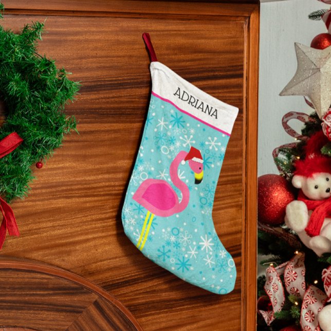 Flamingo Turquoise Snowflake Tropical Christmas Small Christmas Stocking (Creator Uploaded)
