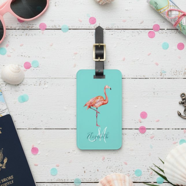 Flamingo Turquoise  Trendy Summer Monogram Luggage Luggage Tag (Creator Uploaded)