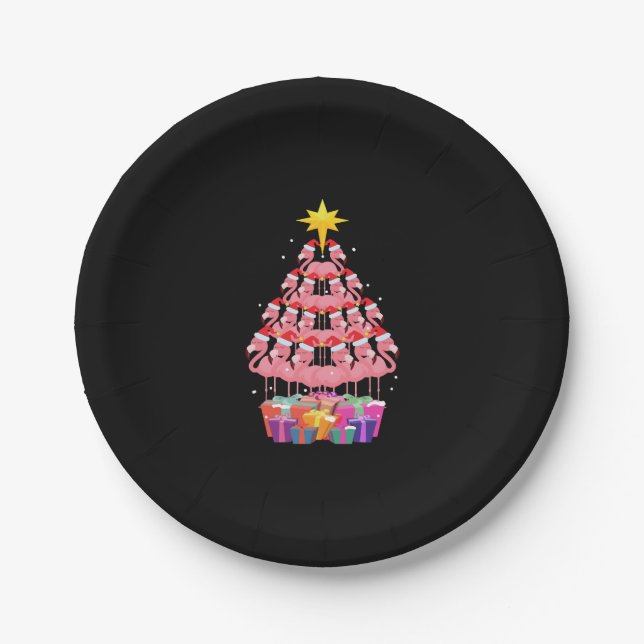 Flamingo Ugly Christmas Tree Funny Gift Paper Plate (Front)