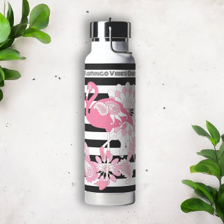 Flamingo Vibes Only Black & White Stripe Flamingo Water Bottle