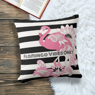Flamingo Vibes Only Black & White Stripes Flamingo Cushion