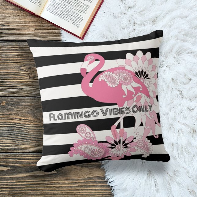 Flamingo Vibes Only Black & White Stripes Flamingo Cushion (Creator Uploaded)