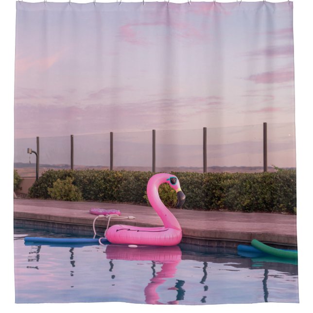 Flamingo water floater in swimming pool shower curtain (Front)