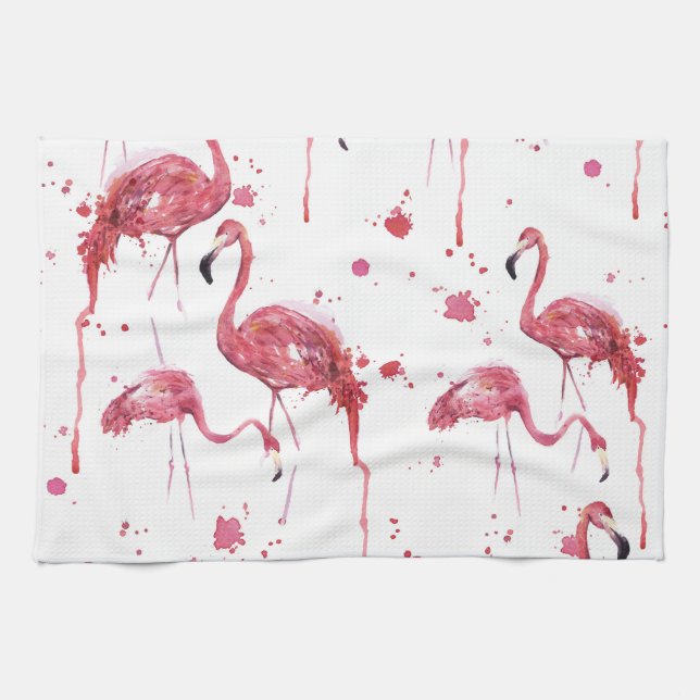 Flamingo watercolor pattern, vibrant design. tea towel (Horizontal)