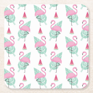 Flamingo & Watermelon Pastel Pattern Square Paper Coaster