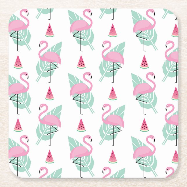 Flamingo & Watermelon Pastel Pattern Square Paper Coaster (Front)