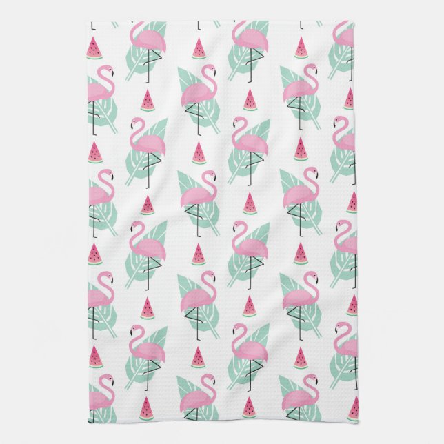 Flamingo & Watermelon Pastel Pattern Tea Towel (Vertical)