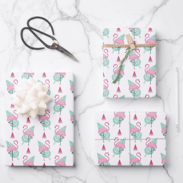 Flamingo & Watermelon Pastel Pattern Wrapping Paper Sheet (Front)