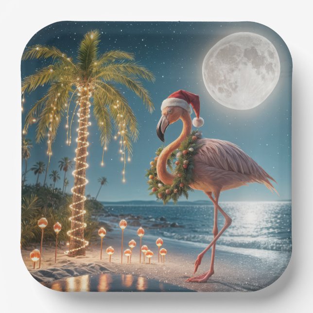 Flamingo Wearing a Christmas Wreath Paper Plate (Front)
