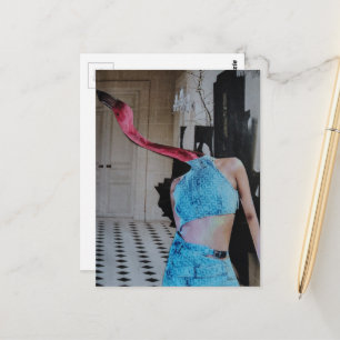 Flamingo Wearing Blue in a room surreal collage Postcard