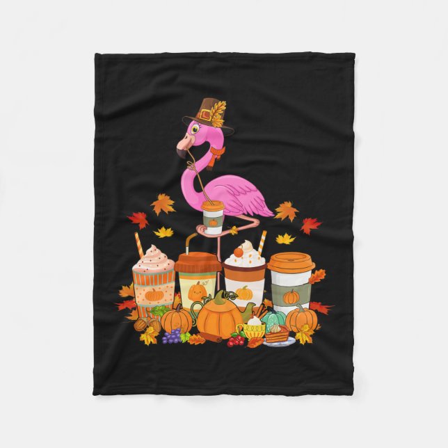 Flamingo Wearing Hat Fall Coffee Cups Lover  Fleece Blanket (Front)