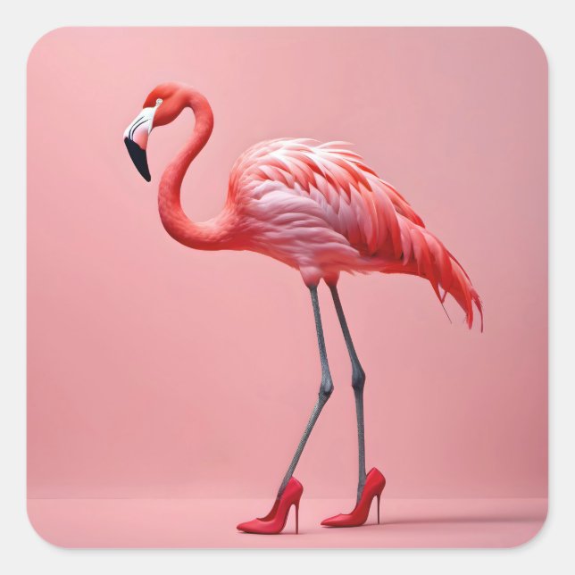 Flamingo Wearing Red High Heels Square Sticker (Front)