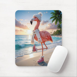 Flamingo Wearing Winter Boots and Scarf Mouse Pad