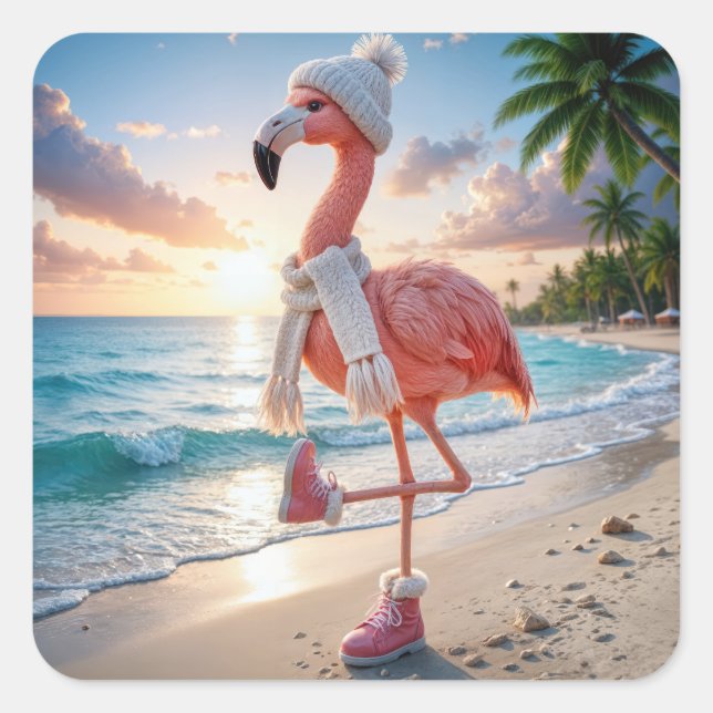 Flamingo Wearing Winter Boots and Scarf Square Sticker (Front)