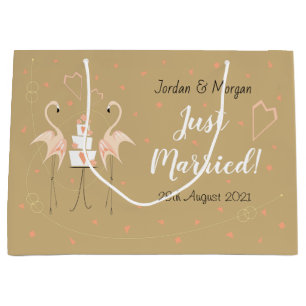 Flamingo Wedding Just Married! Names Date Large Gift Bag