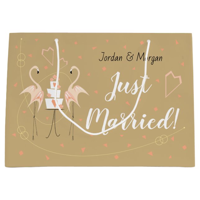 Flamingo Wedding Just Married! Names Large Gift Bag (Front)