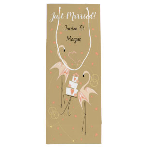 Flamingo Wedding Just Married Names Wine Gift Bag