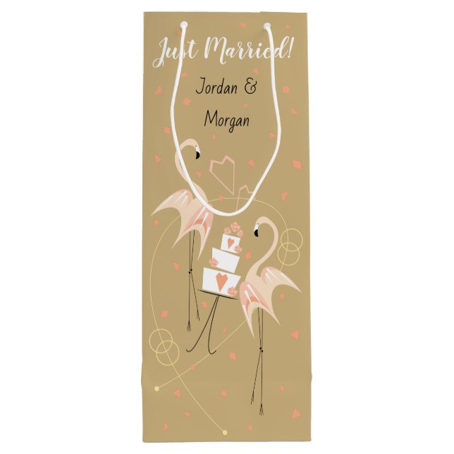 Flamingo Wedding Just Married Names Wine Gift Bag (Back)