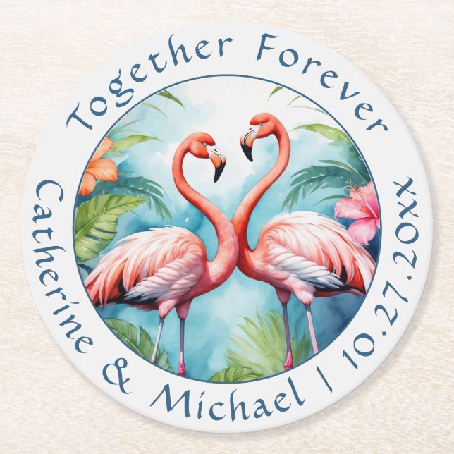 Flamingo Wedding Round Paper Coaster (Front)