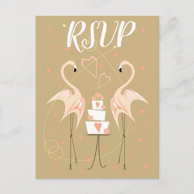 Flamingo Wedding RSVP postcard portrait (Front)