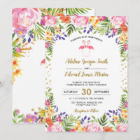 Flamingo Wedding Tropical Floral Palm leaves Gold