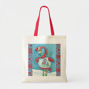 FLAMINGO WHITE CHRISTMAS SNOWGLOBE BUDGET TOTE BAG