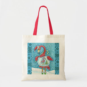 FLAMINGO WHITE CHRISTMAS SNOWGLOBE BUDGET TOTE BAG
