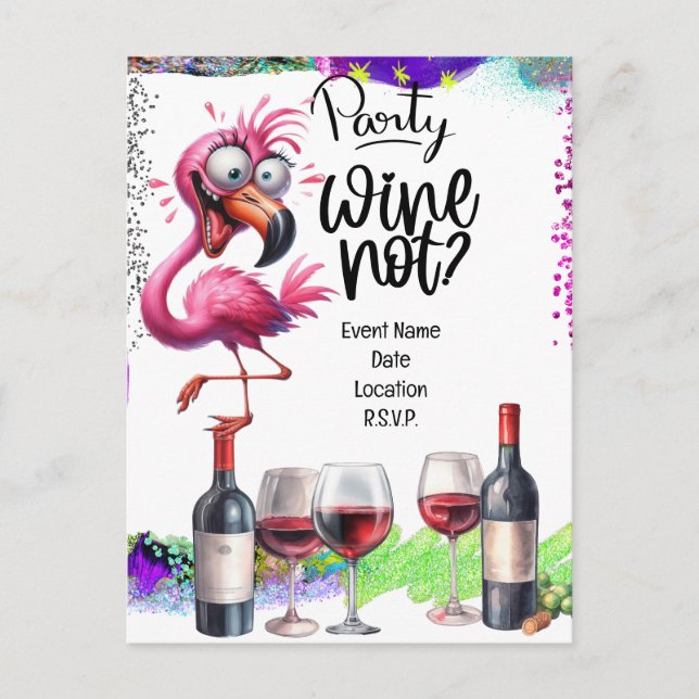 Flamingo Wine lover Birthday Party  Announcement Postcard (Front)
